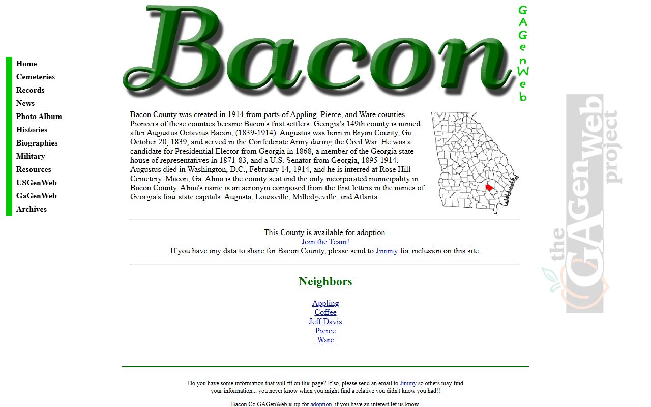 Bacon County GAGenWeb genealogy resources page