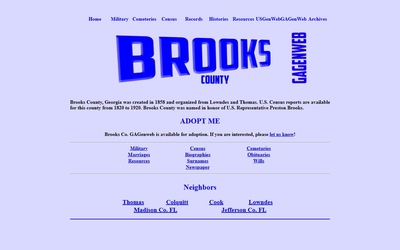 Brooks County GAGenWeb genealogy resources page