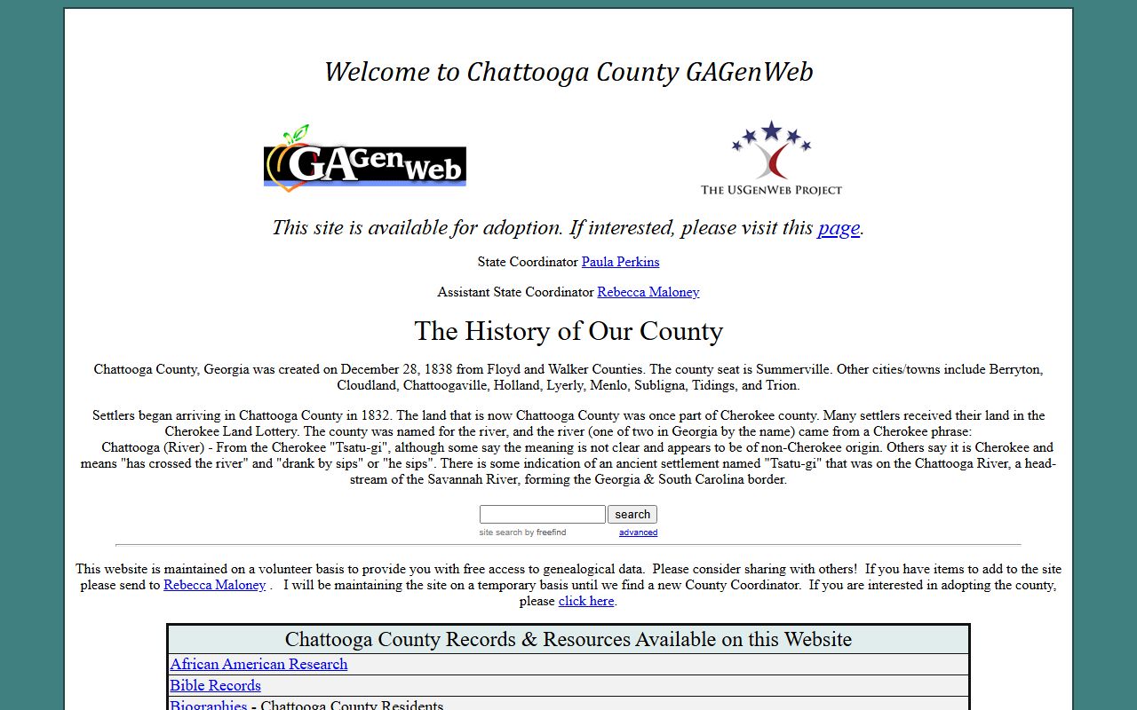 Chattooga County GAGenWeb genealogy resources page