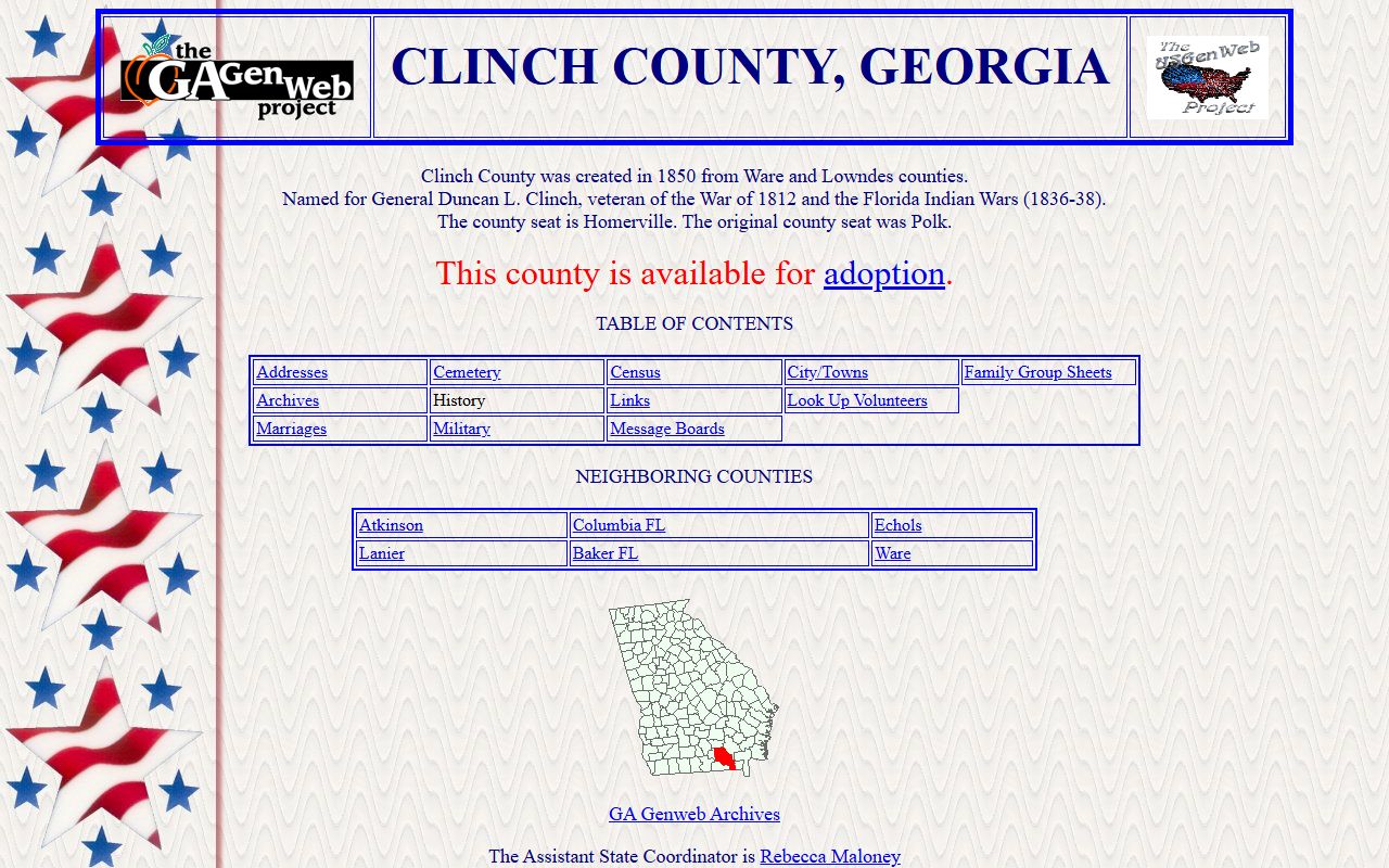 Clinch County GAGenWeb genealogy resources page