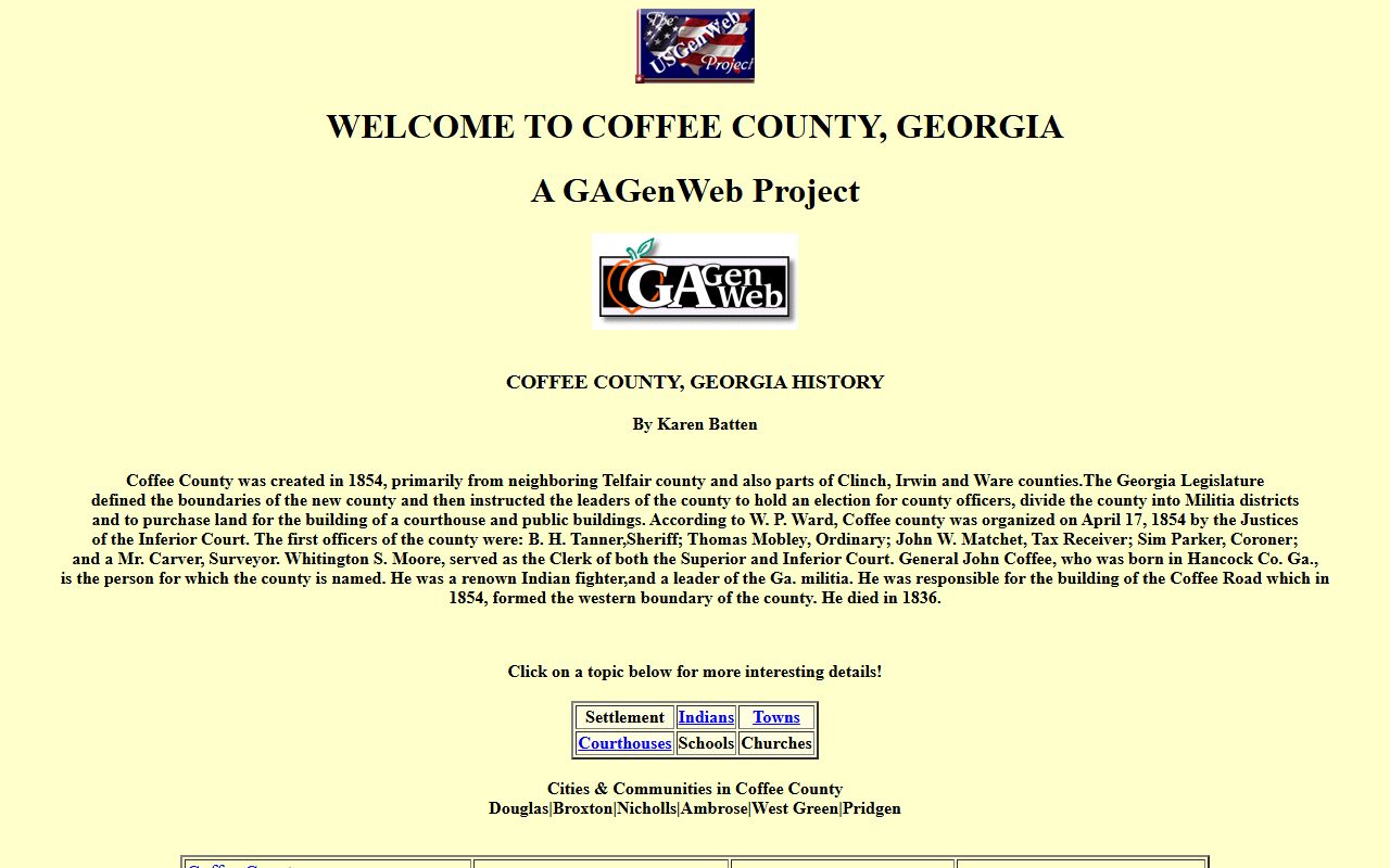 Coffee County GAGenWeb genealogy resources page