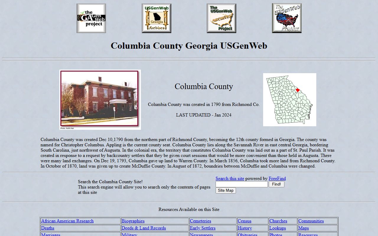 Columbia County GAGenWeb genealogy resources page