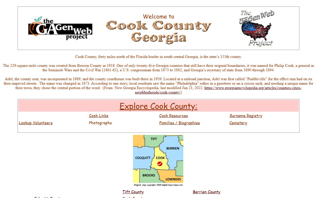 Cook County GAGenWeb genealogy resources page