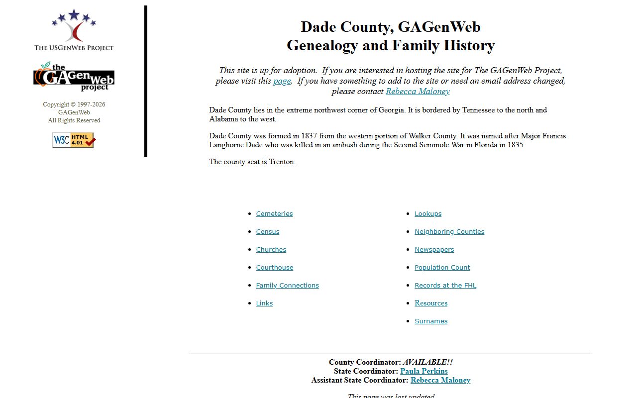 Dade County GAGenWeb genealogy resources page