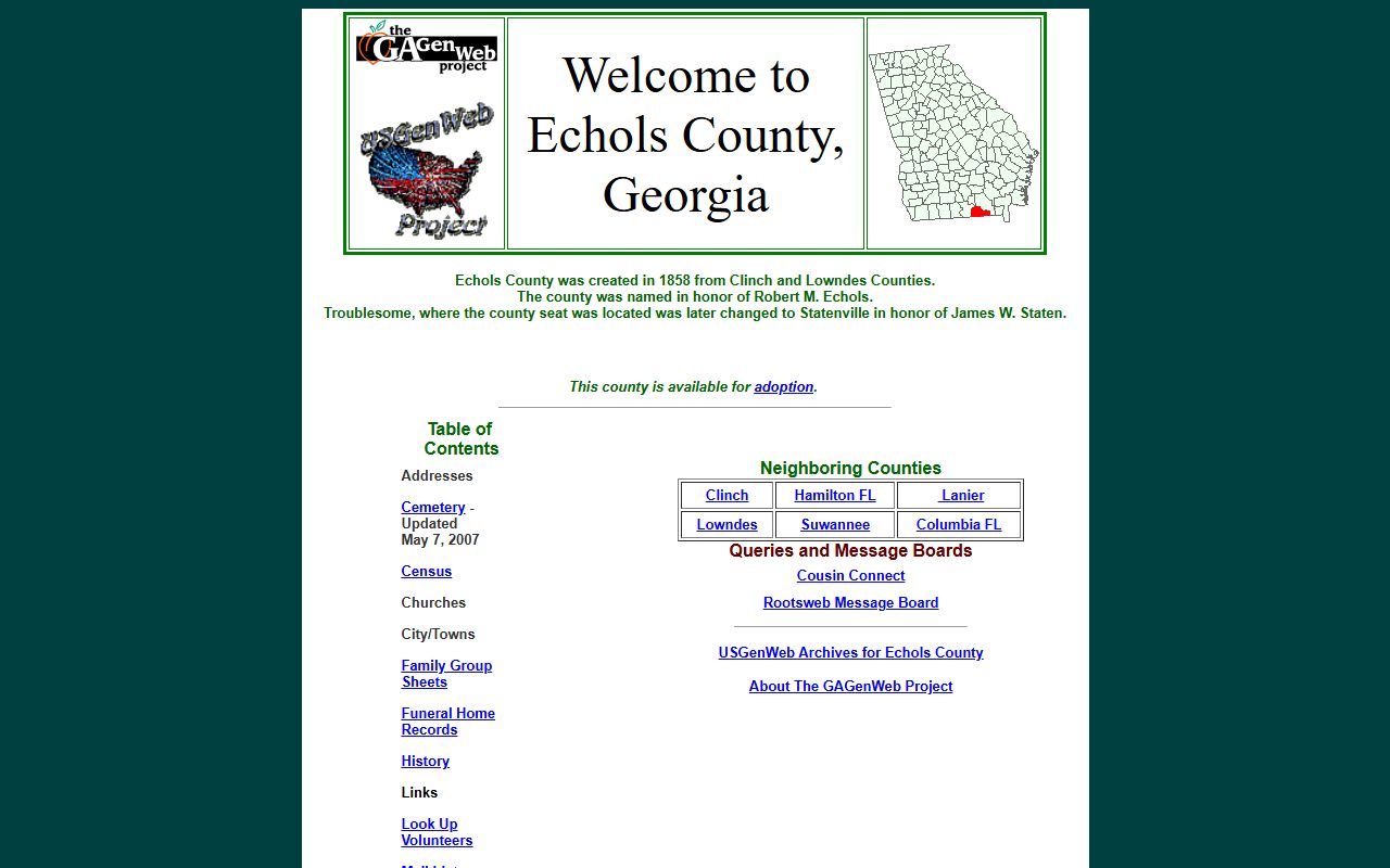 Echols County GAGenWeb genealogy resources page