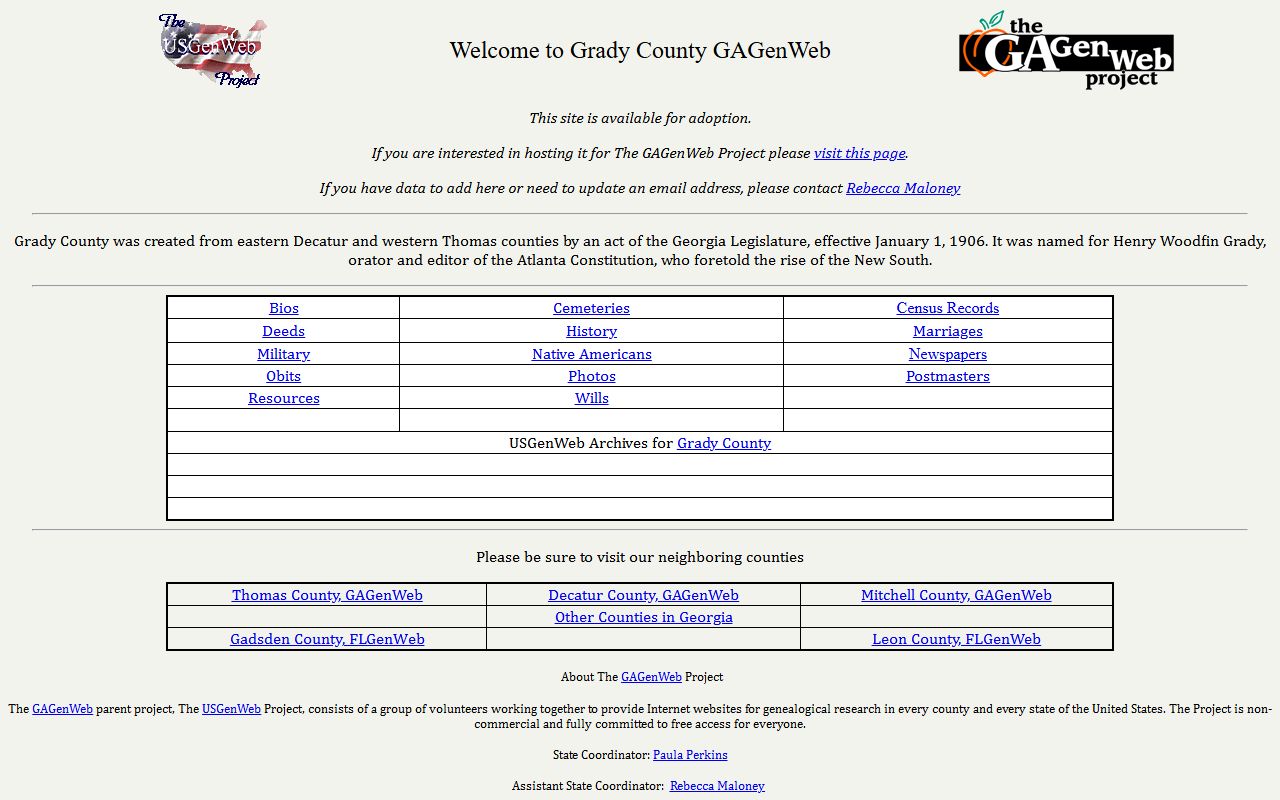 Grady County GAGenWeb genealogy resources page