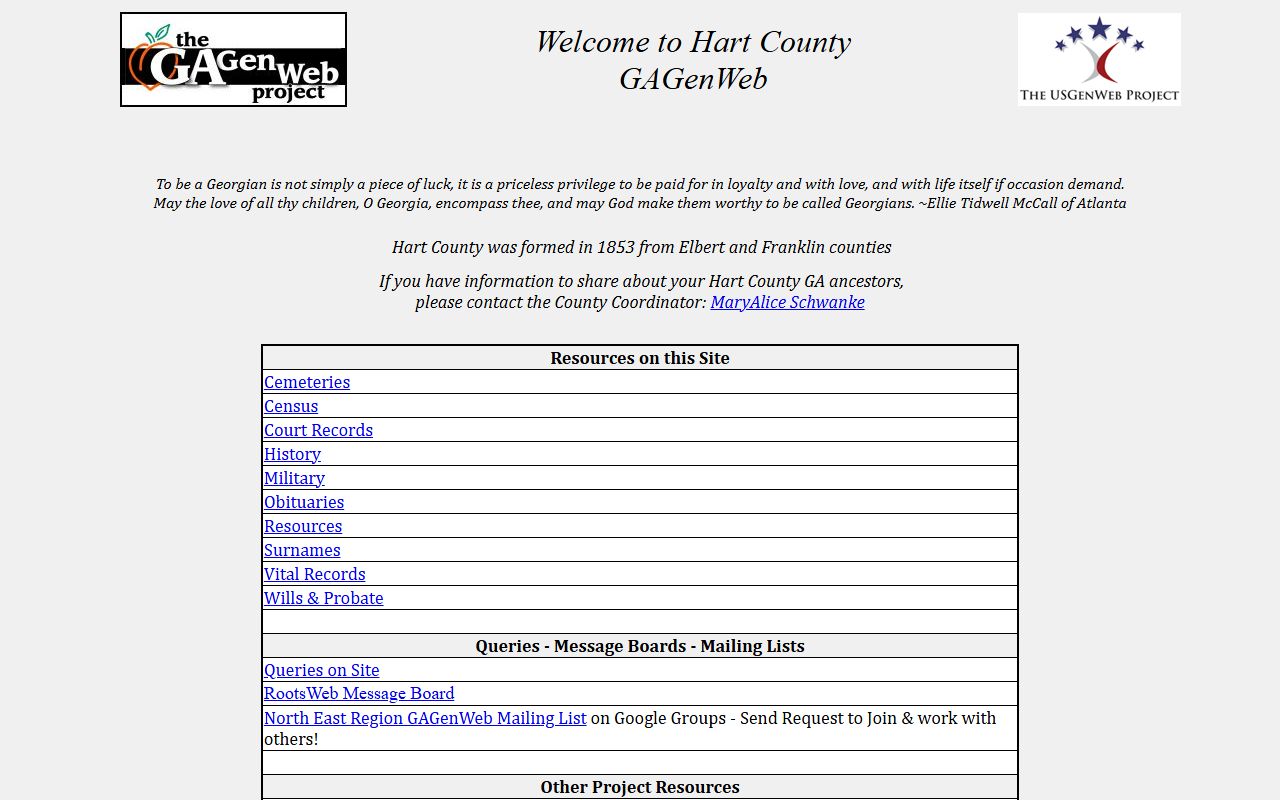 Hart County GAGenWeb genealogy resources page