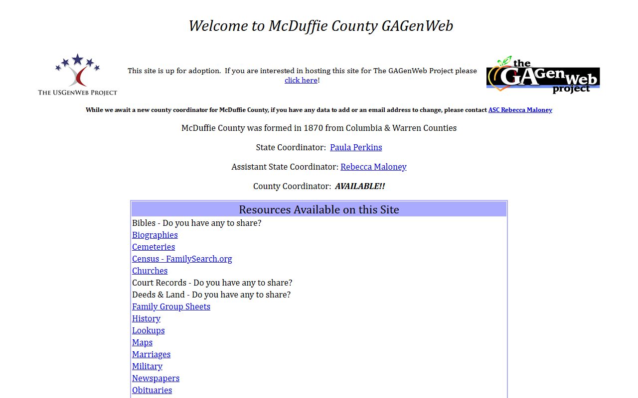 McDuffie County GAGenWeb genealogy resources page