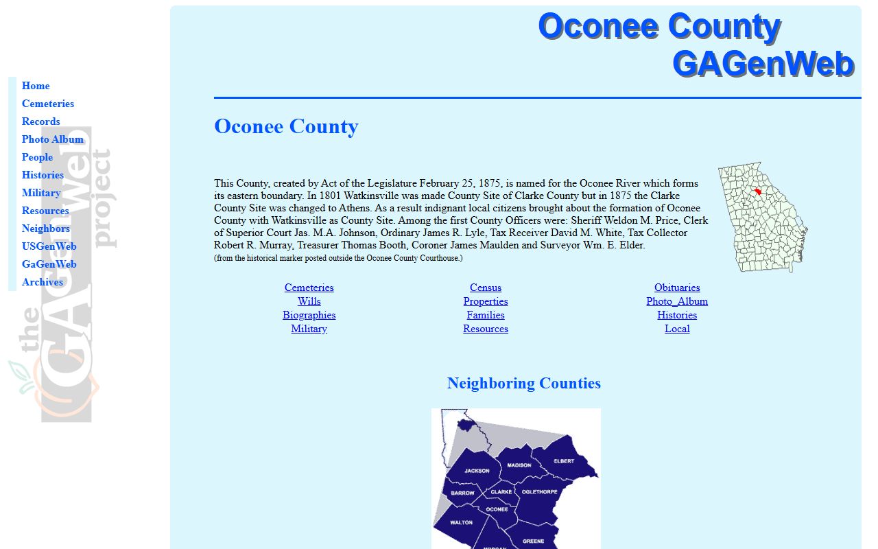 Oconee County GAGenWeb genealogy resources page