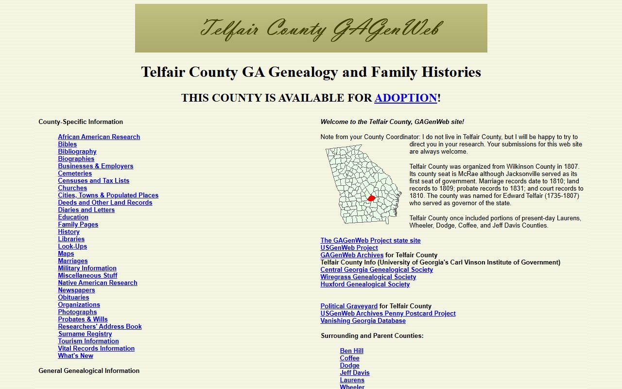Telfair County GAGenWeb genealogy resources page
