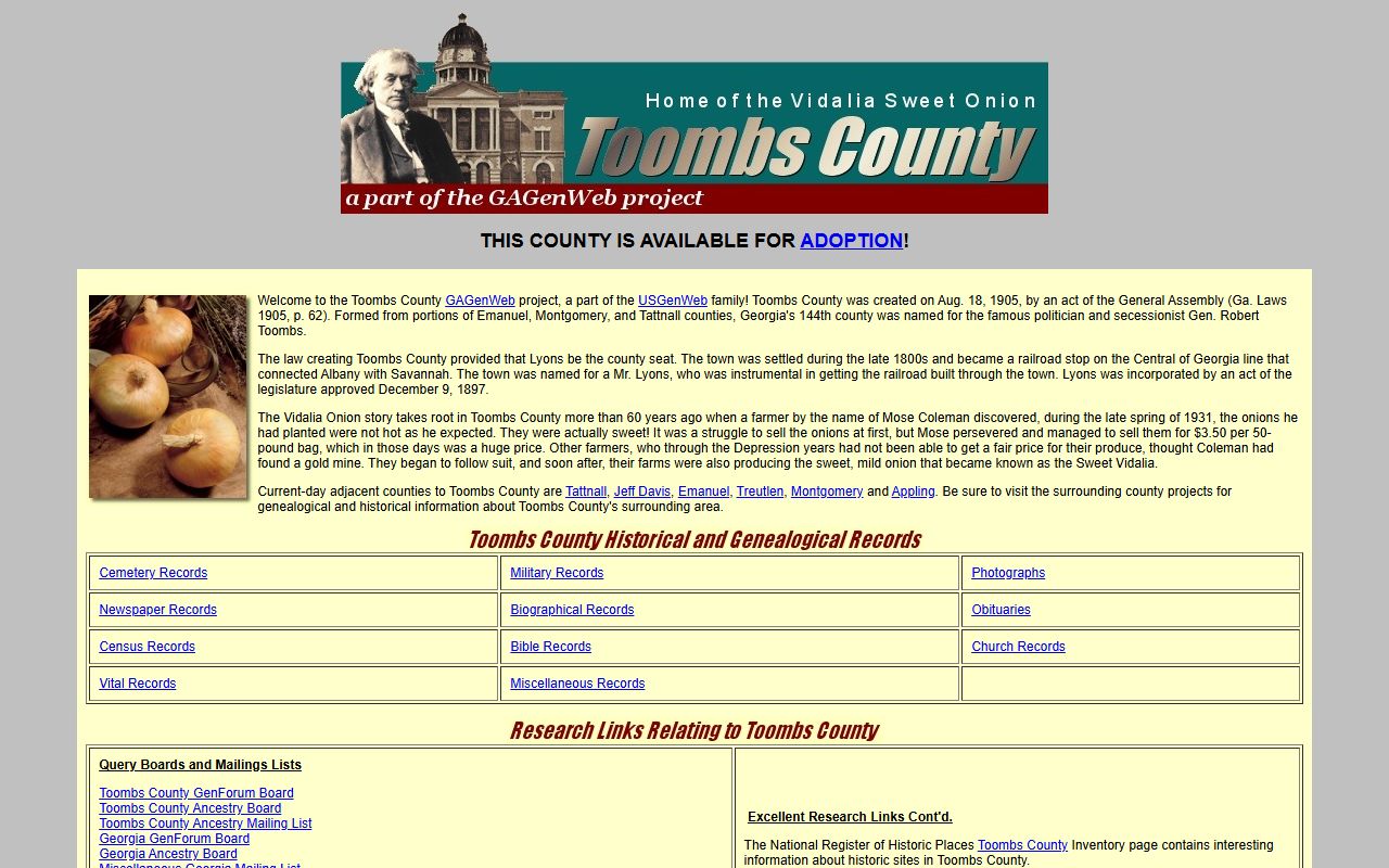 Toombs County GAGenWeb genealogy resources page