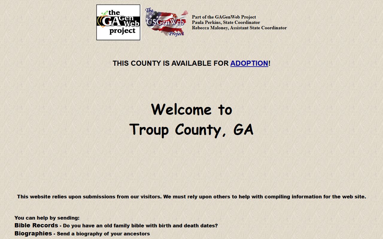 Troup County GAGenWeb genealogy resources page