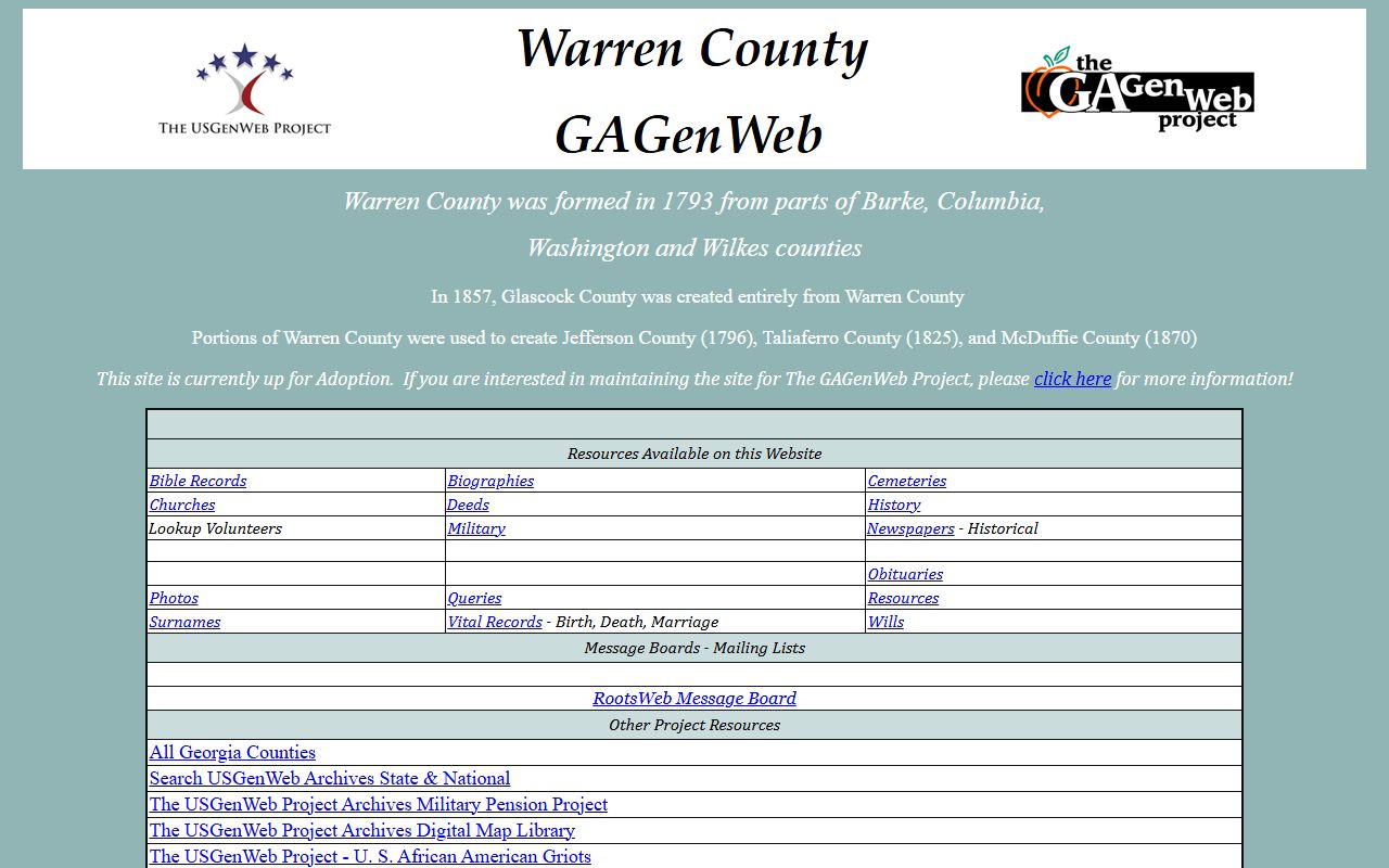 Warren County GAGenWeb genealogy resources page
