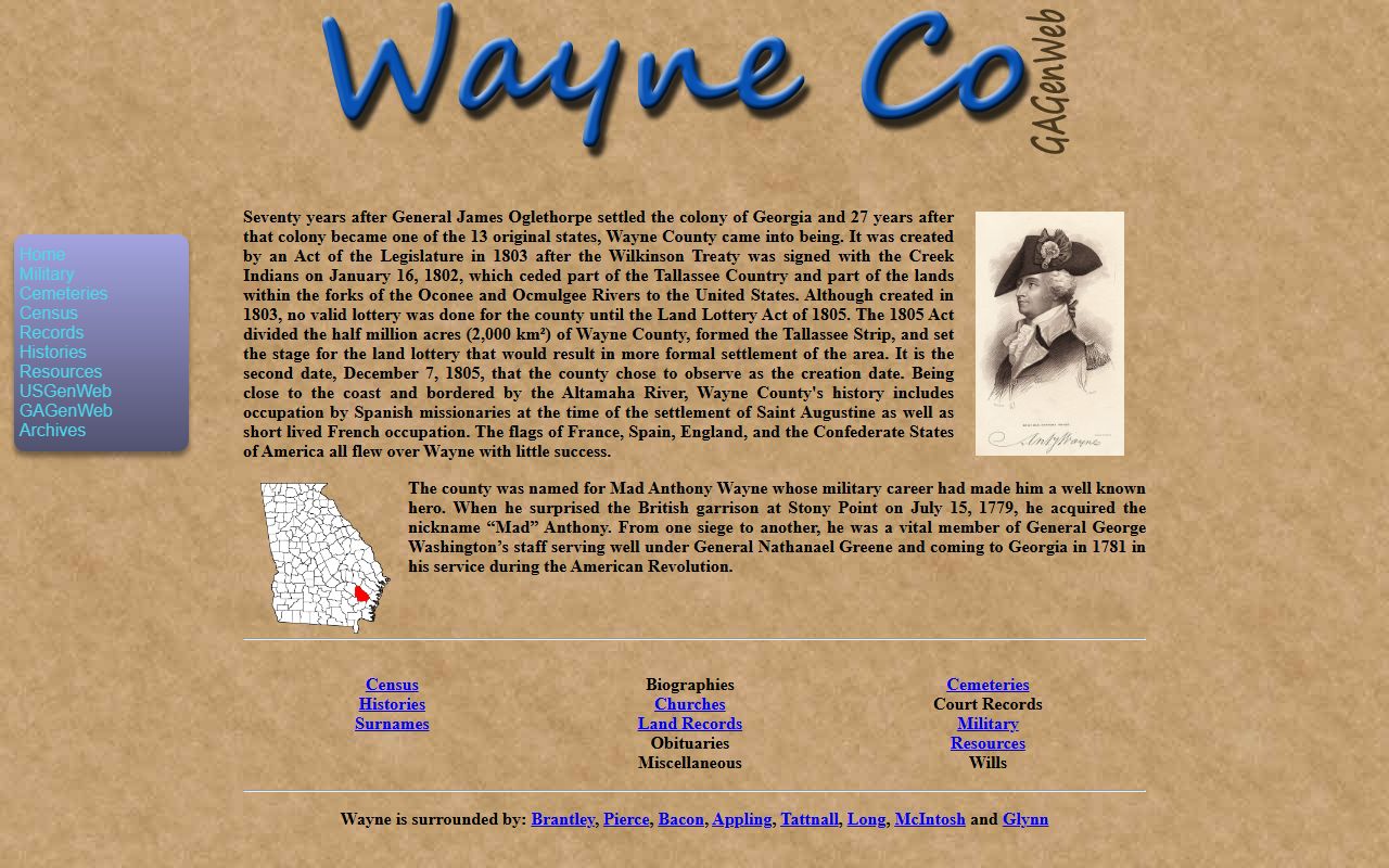 Wayne County GAGenWeb genealogy resources page