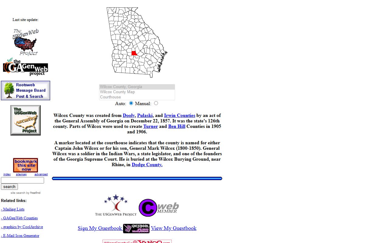 Wilcox County GAGenWeb page for genealogy records