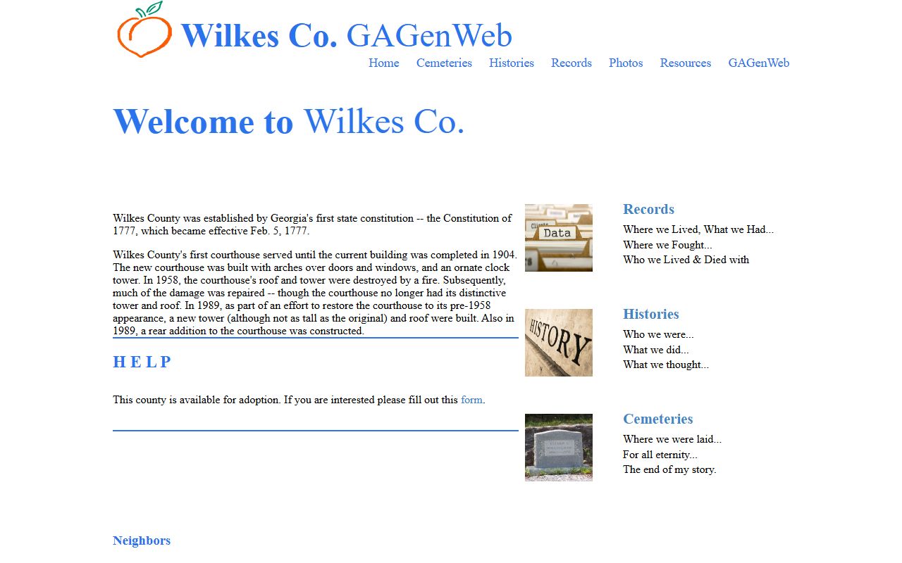 Wilkes County GAGenWeb page for genealogy records