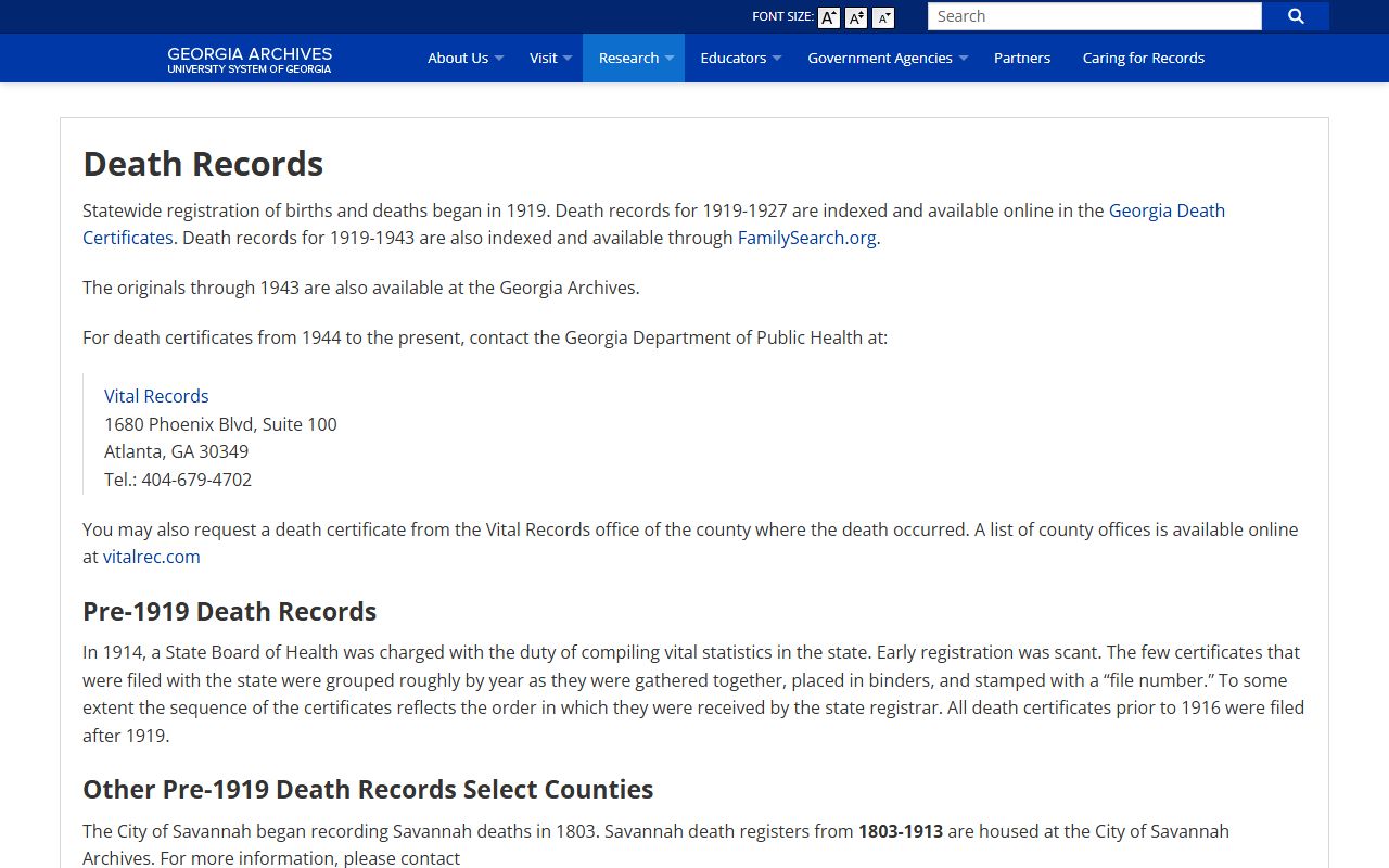 Georgia Archives death records information for genealogy