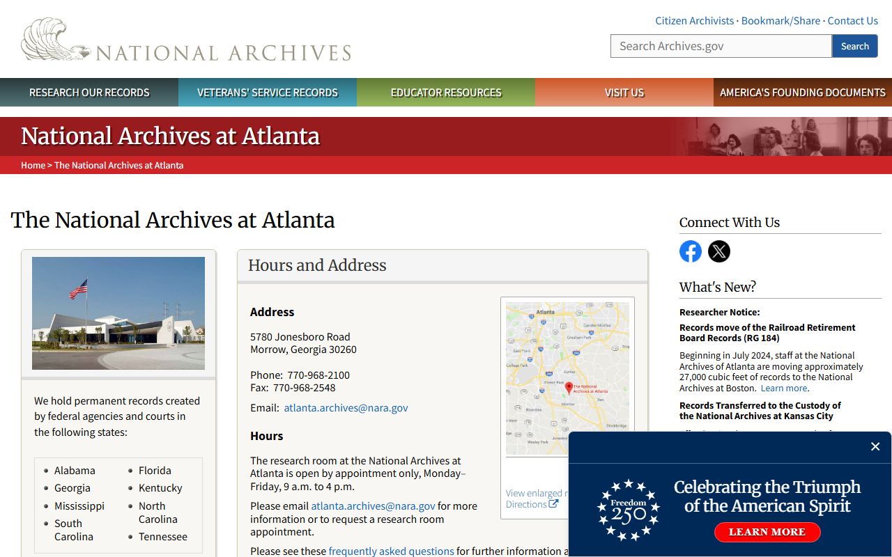 National Archives at Atlanta contact information for Georgia genealogy