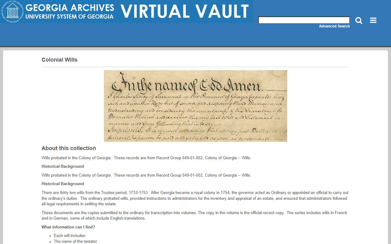 Colonial wills collection for Georgia genealogy research
